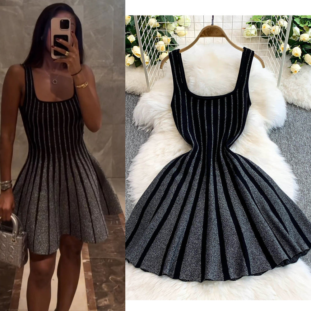 2025new arrivalelegantelegance vertical stripes waist slimming look suspender dress light mature style knitting large hem short skirt for women