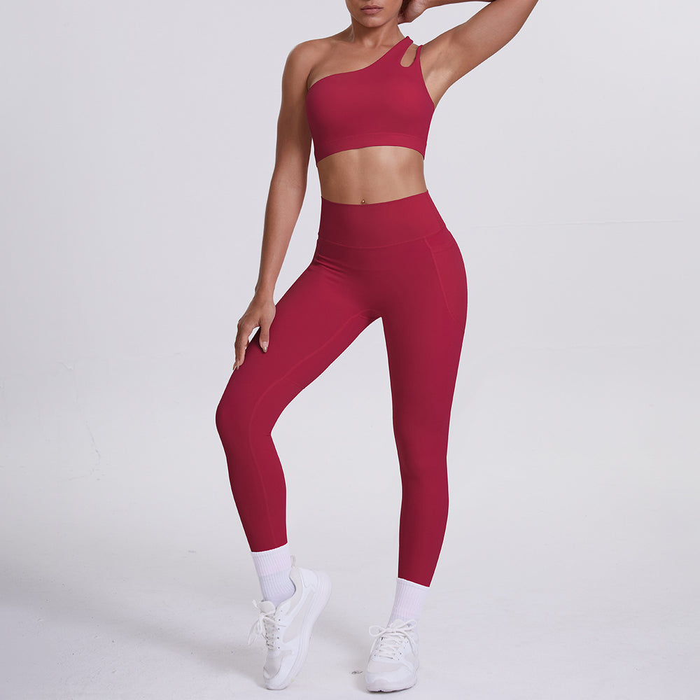 fashion double-sided brocade brushed single oblique shoulder yoga suit sports running fitness flap pocket pants pants two-piece set
