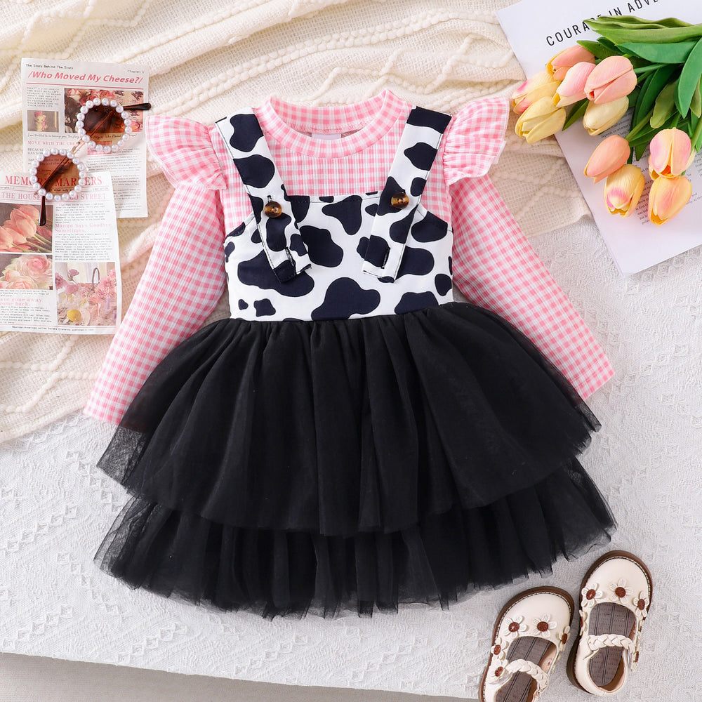 european and american style autumn/winter new collection: girls' plaid long-sleeve top and cow print suspender mesh skirt set (sizes for toddlers and young children)
