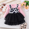 european and american style autumn/winter new collection: girls' plaid long-sleeve top and cow print suspender mesh skirt set (sizes for toddlers and young children)