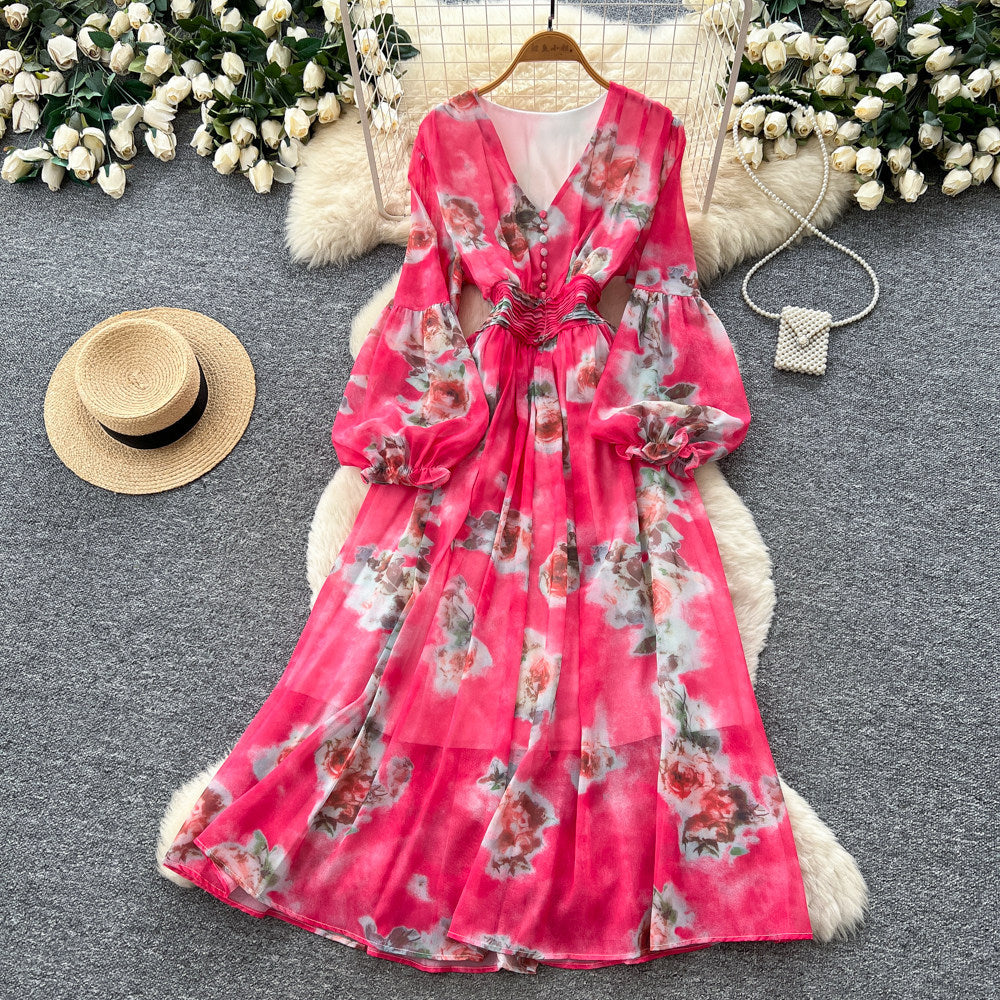 French chic floral print dress - women's v-neck puff sleeve, slimming waist, elegant maxi dress - perfect for vacation