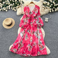 French chic floral print dress - women's v-neck puff sleeve, slimming waist, elegant maxi dress - perfect for vacation