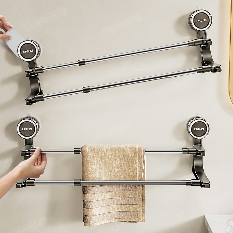 Strong suction cup type double rod rotating telescopic towel rack, no punching wall hanging bath towel storage rack in household bathroom