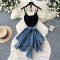 K-stylefake two-piece grids pattern patchwork suspender dress female summer strap halterslimming lookasymmetricalretro skirt