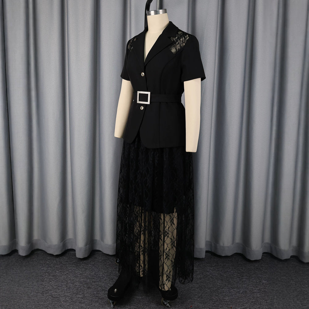 New arrival cross-border lace waist short-sleeved shirt lace double-layer cut out style skirt two-piece set2pcsset