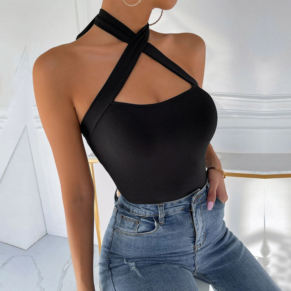 European and american style  solid color halter neck crisscross tank top sexy slimming slim fit top women's cross-border vest