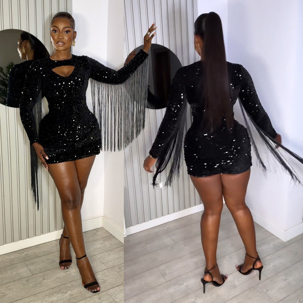 C6611 cross-border   fashion women's solid color sequin tassel long sleeve mini dress
