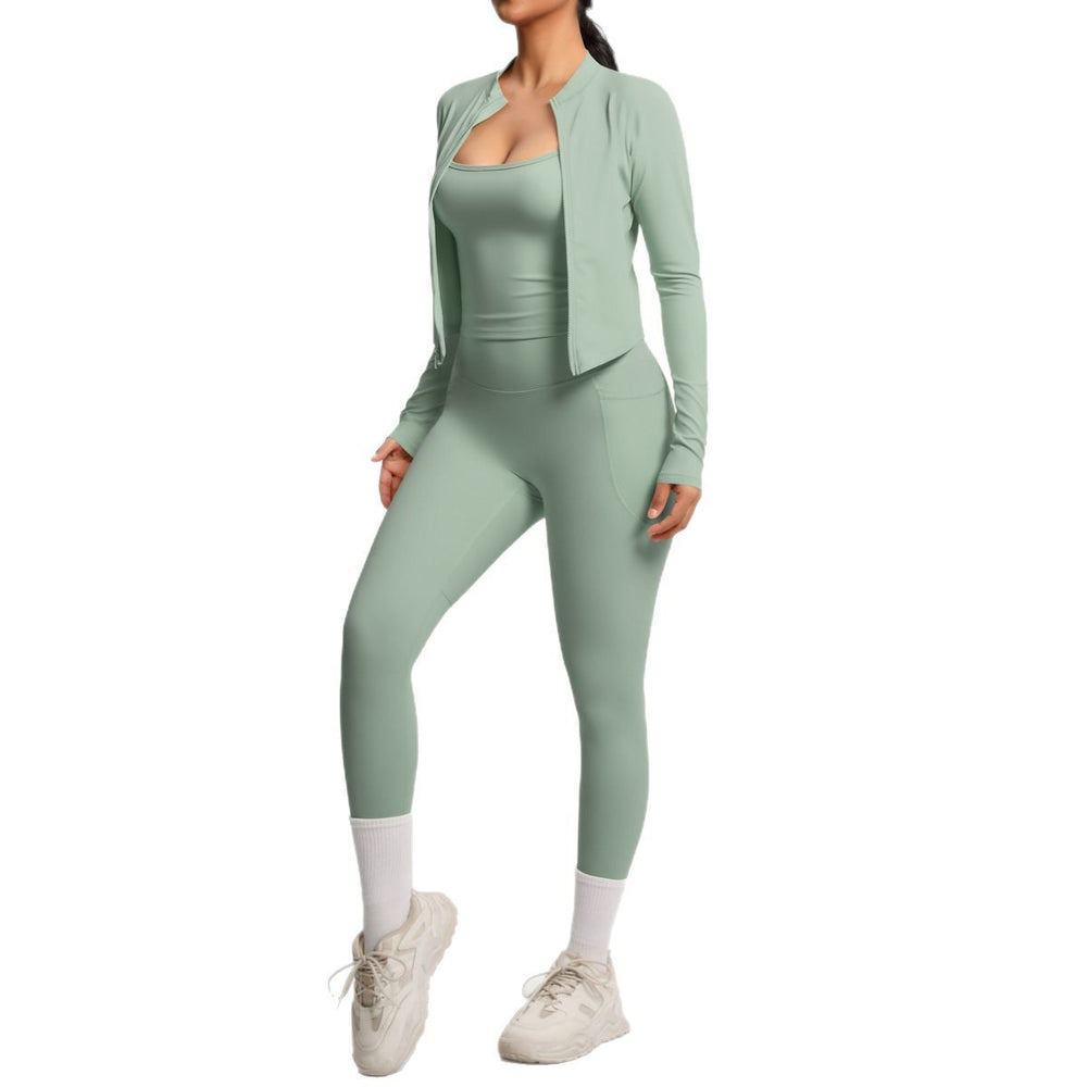 European and american outdoor casual tight-fit pocket yoga outfit set - quick-dry, high-waisted, slimming, cloud-like comfort, three-piece activewear set