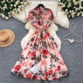 French chic vintage print collared dress - women's summer slimming, figure-flattering, high-waisted, elegant maxi dress
