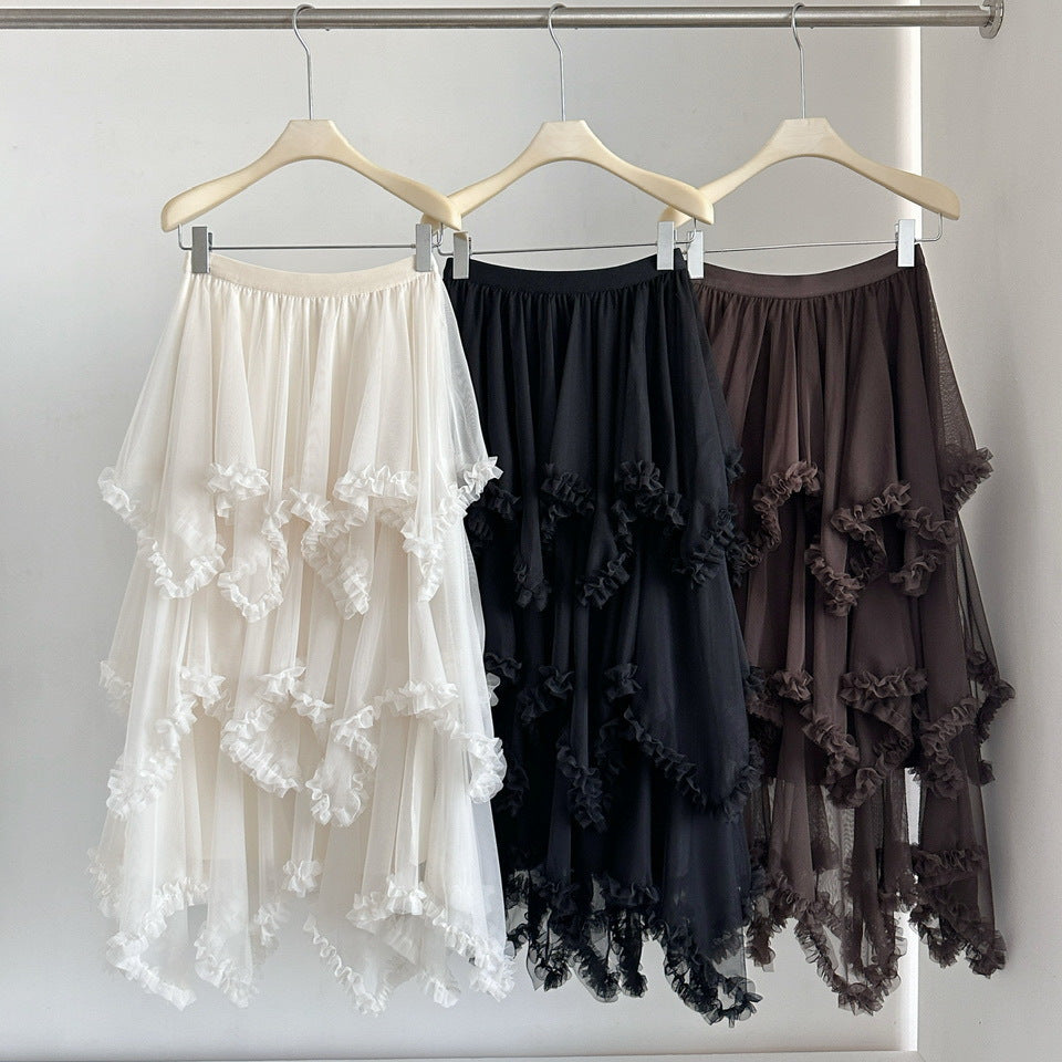 export elastic waist mesh ruffle asymmetrical tiered cake skirt midi high waist a-line midi skirt