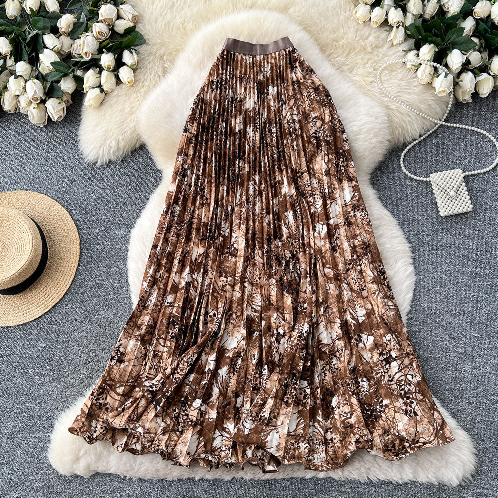 K-stylesense of designprintinga-line texture skirt women's high waistslimming lookpleated medium longeasiest for matchwork clothing skirt