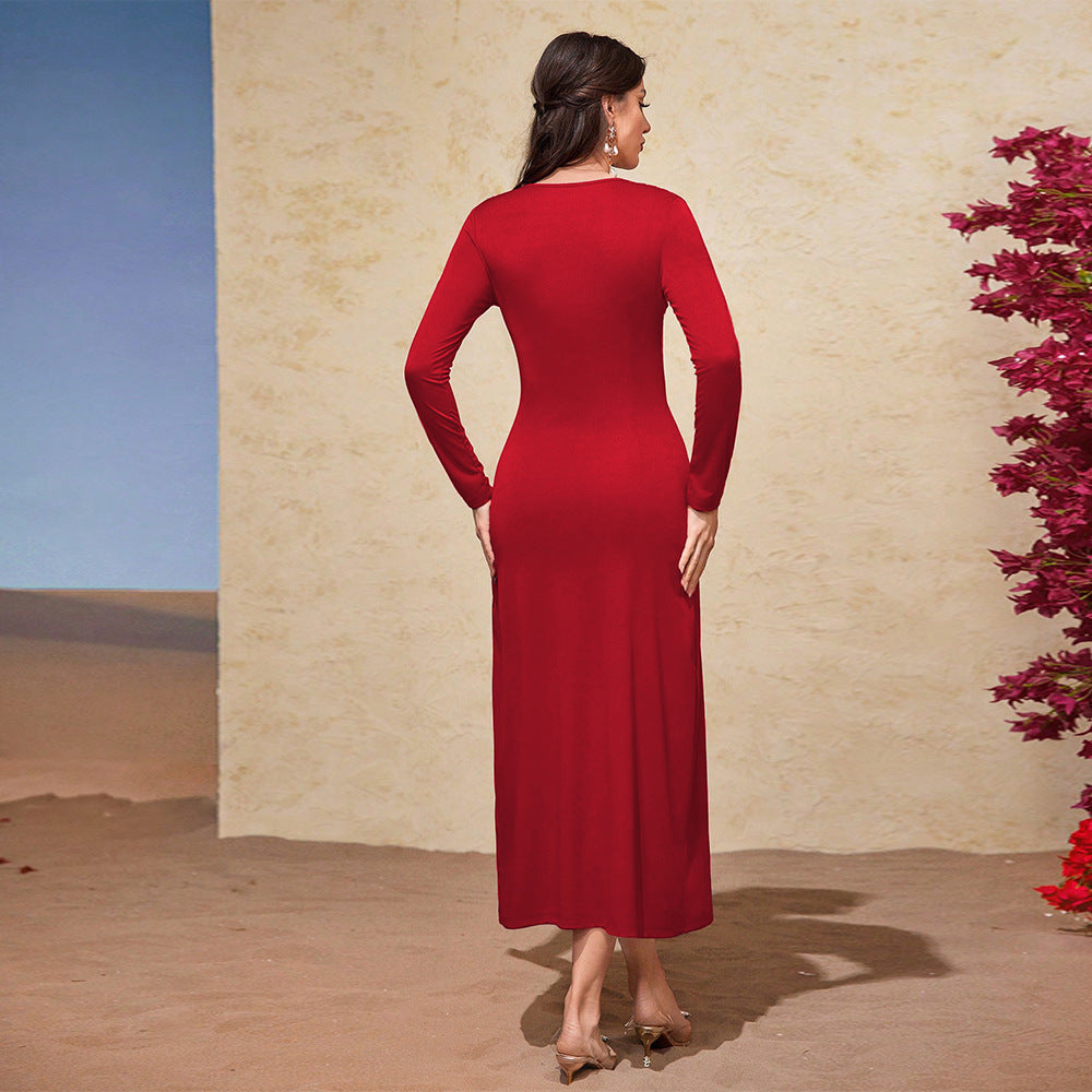 cross-border women's fashion french chic dress - spring/summer v-neck slimming red midi dress