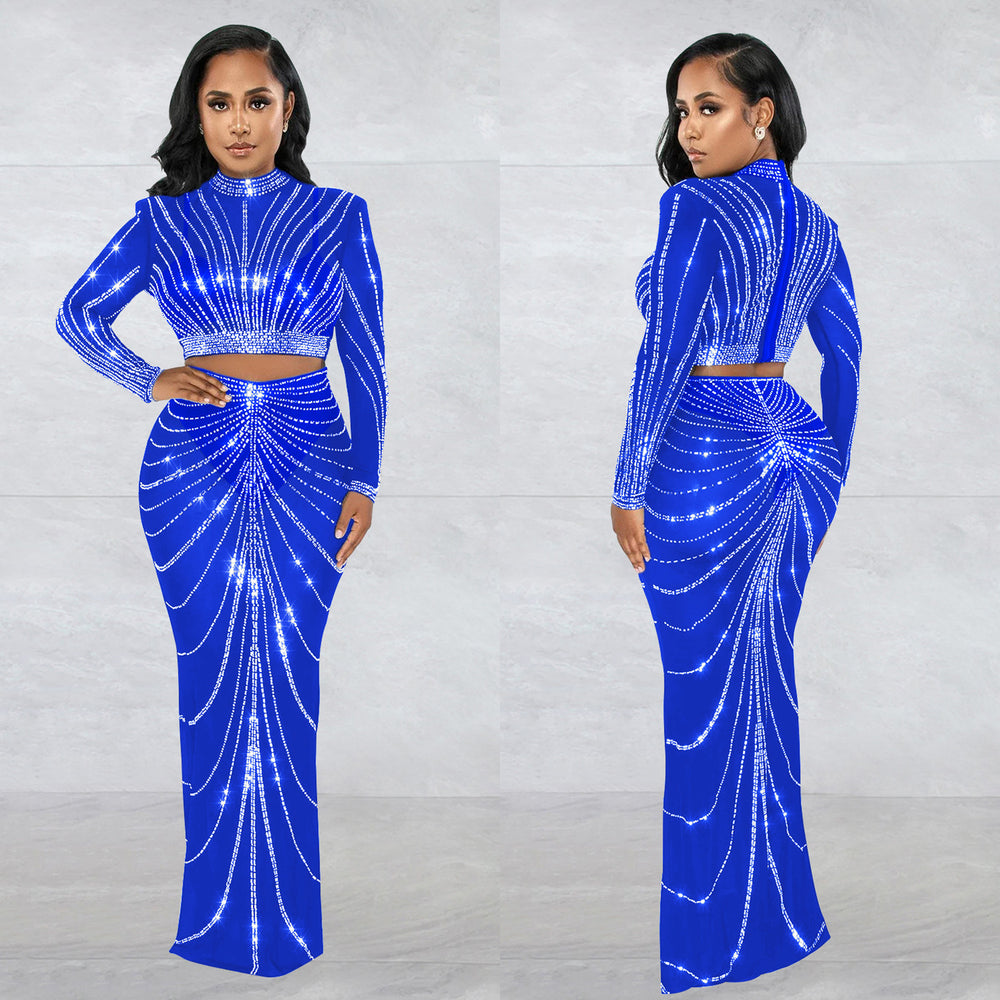 C6028 cross-border   fashion women's mesh rhinestone see-through long sleeve maxi dress two-piece set