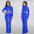 C6028 cross-border   fashion women's mesh rhinestone see-through long sleeve maxi dress two-piece set