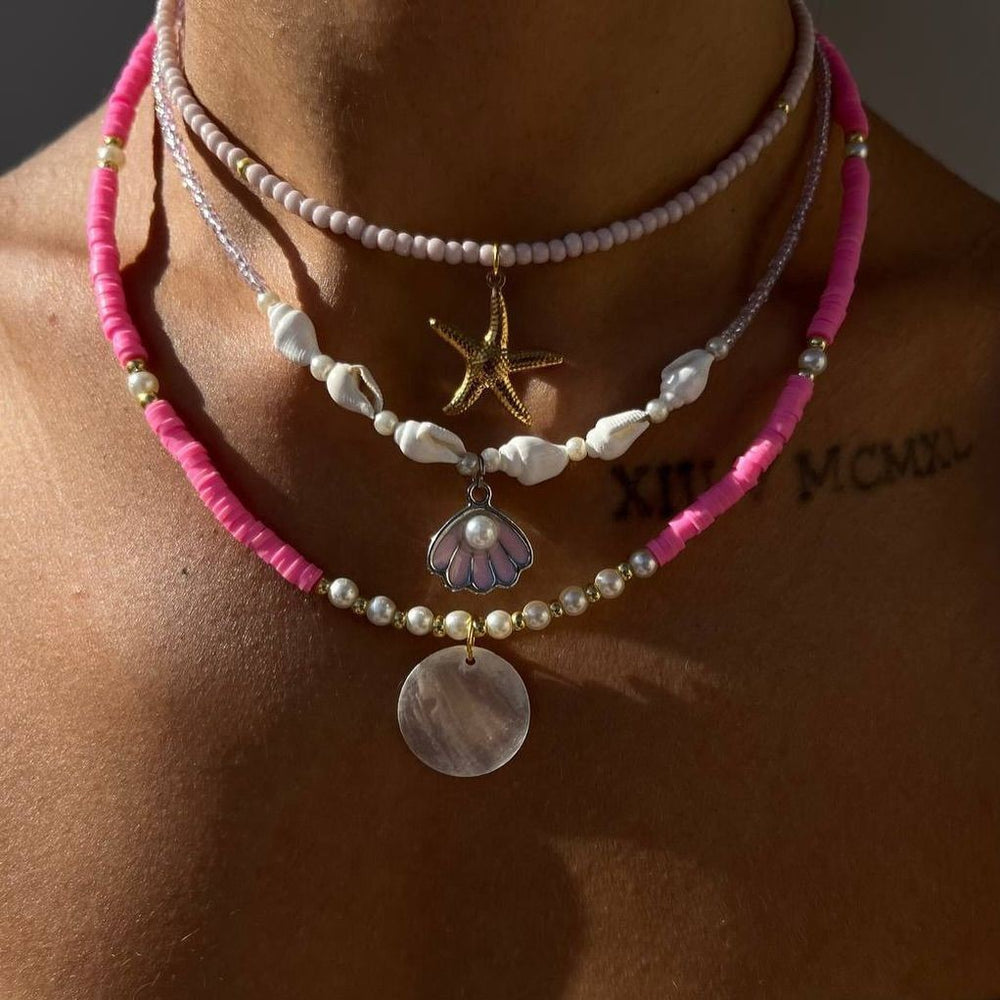 Pink necklace wholesale european and american cross-border jewelry soft clay beaded necklace for women seaside shell multi-layered clavicle chain