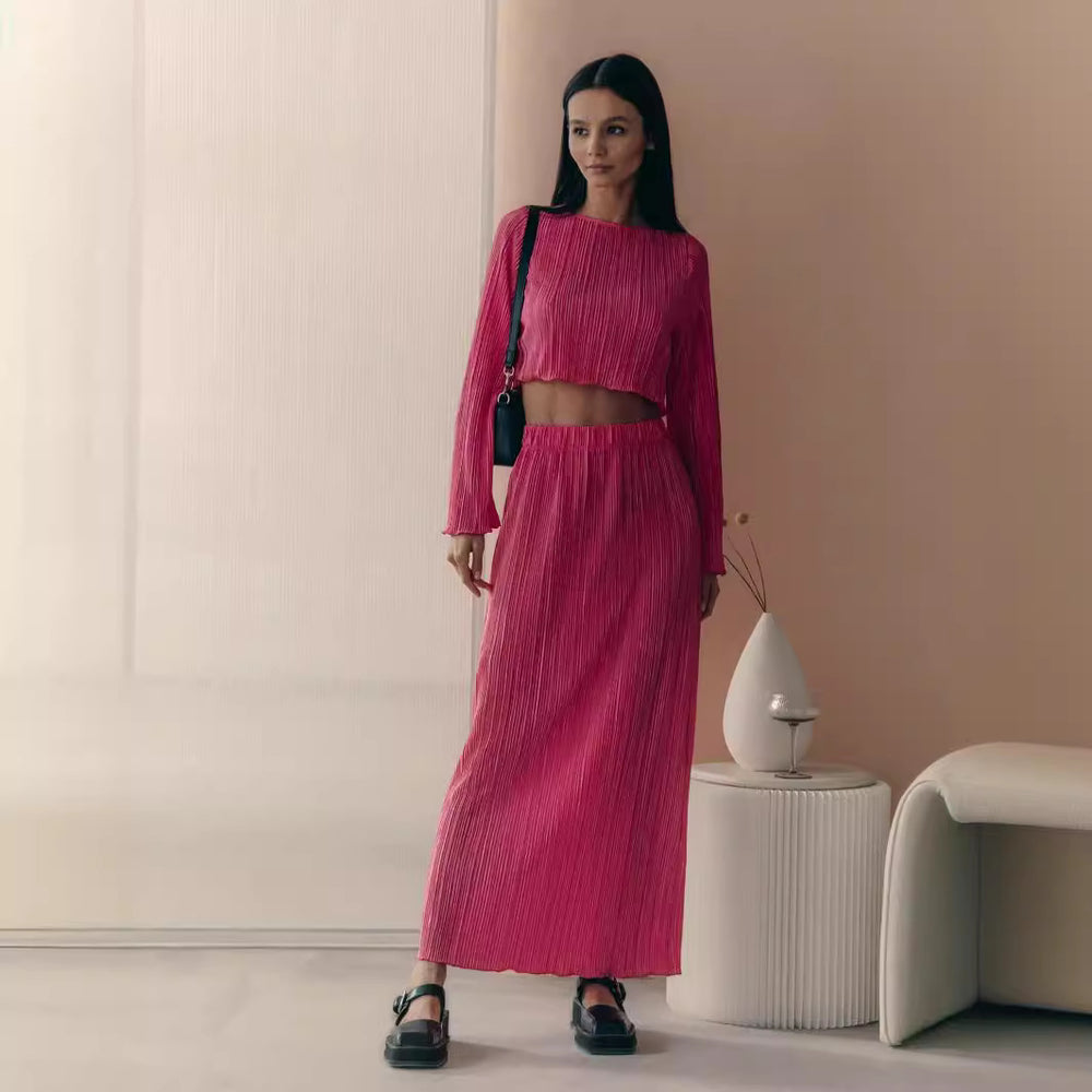 cross-border  fashion: european & american casual short flared sleeve top & exquisite pleated maxi skirt set