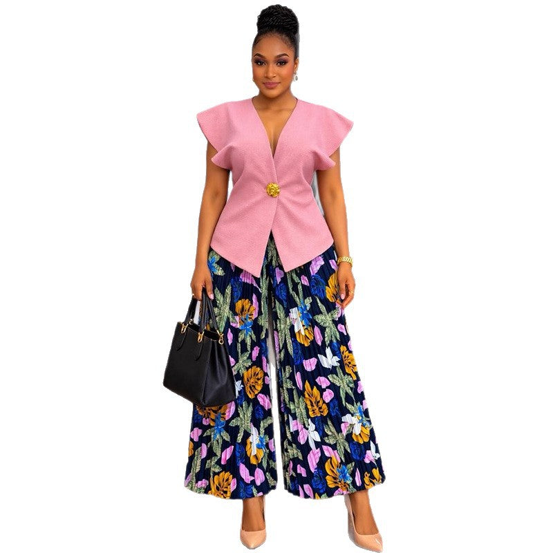 European and american cross-border women's fashion:  summer new arrival - elegant solid color asymmetrical vest top and pleated wide-leg pants set