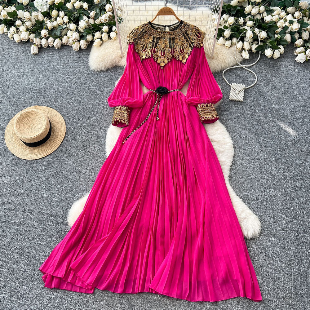 Frenchclassyelegance heavy industry embroidered beads sequin patchwork lantern sleeves straps waist pleated dress women's long skirt