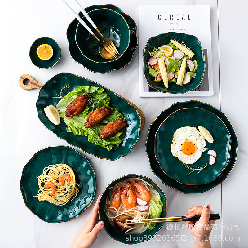 Nordic home decor personalized creative bowl, plate, and dish set - trendy green gold-trimmed ceramic dinnerware