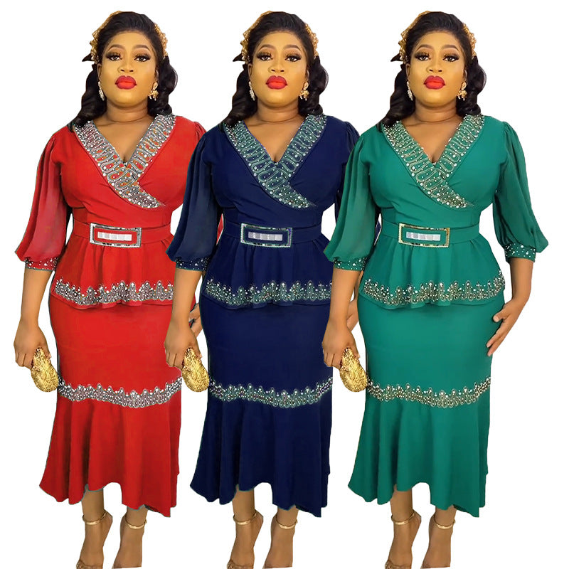 V-neck, waist-cinching, mid-sleeve top and midi skirt set with hot-fix rhinestones and bead embellishments – trendy african women's clothing, cross-border wholesale, special price