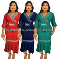 V-neck, waist-cinching, mid-sleeve top and midi skirt set with hot-fix rhinestones and bead embellishments – trendy african women's clothing, cross-border wholesale, special price