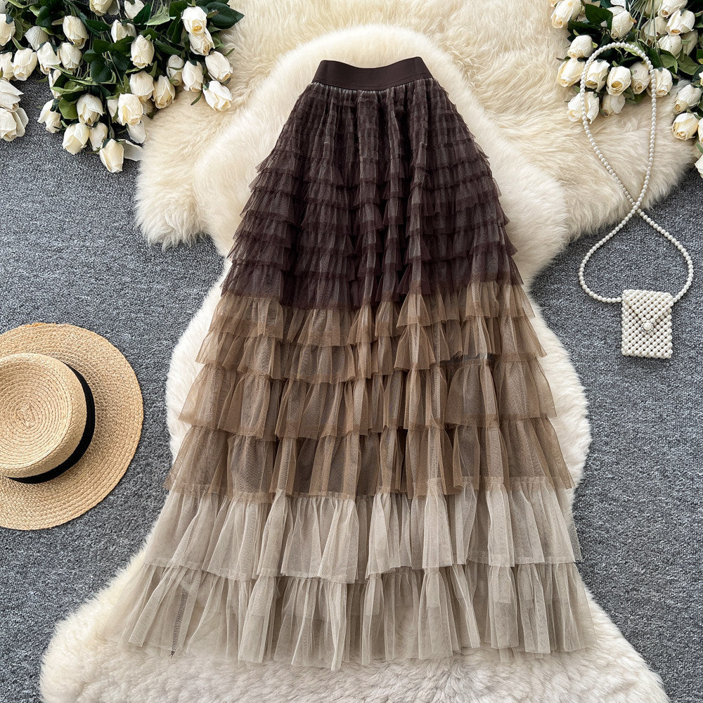 K-stylehigh waist mesh cake elegant skirt women's summerslimming look to cover the crotch multi-layer puffy skirt easiest for match medium long