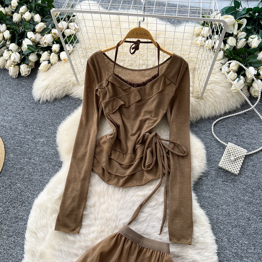 Commuting style ruffleshalter mesh two-piece set female autumslimslimming lookhigh waistsuitautum wear