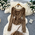 Commuting style ruffleshalter mesh two-piece set female autumslimslimming lookhigh waistsuitautum wear