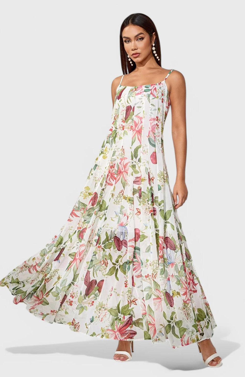 spring/summer european and american independent website  new arrival: fresh and chic printed maxi swing dress with spaghetti straps