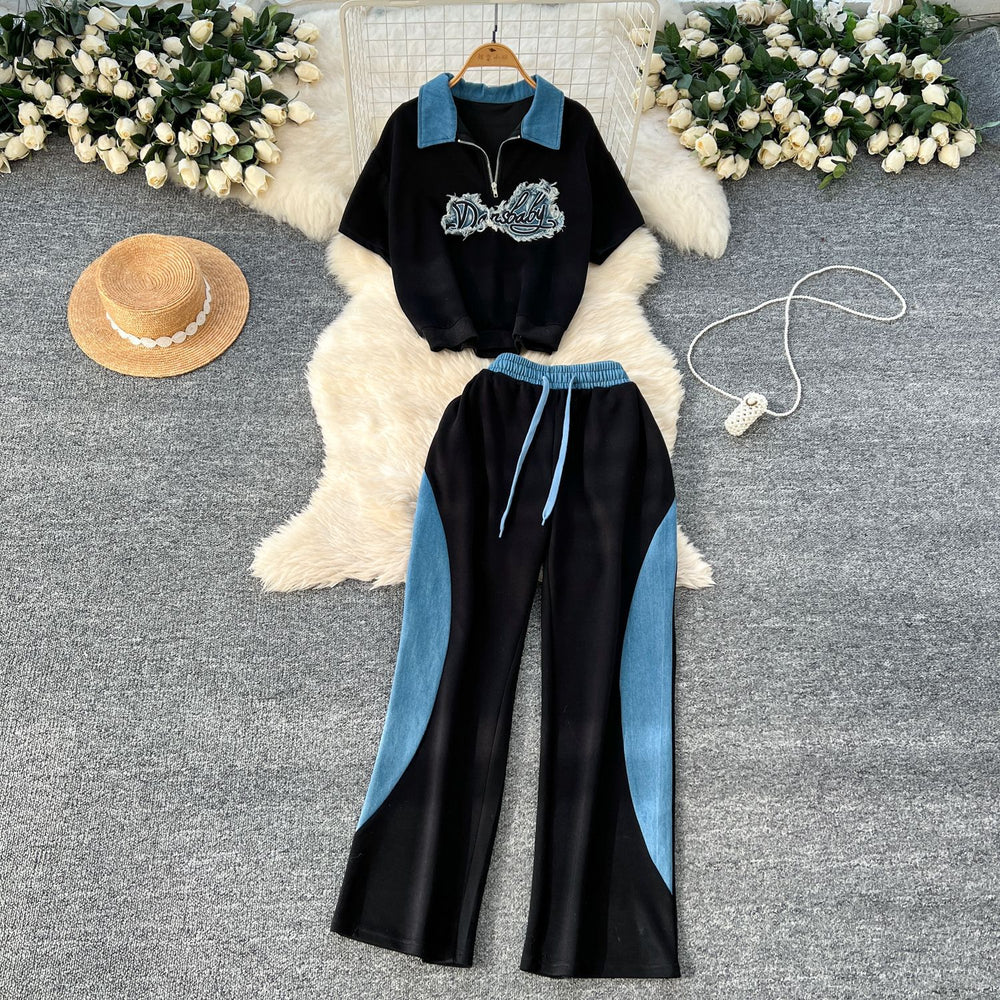Women's casual activewear set - summer hong kong chic, retro-style embroidered short-sleeve top with high-waisted wide-leg pants