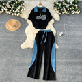 Women's casual activewear set - summer hong kong chic, retro-style embroidered short-sleeve top with high-waisted wide-leg pants