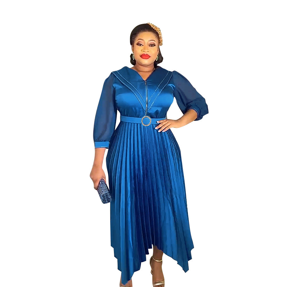 export fashion pleated skirt elegant commute  african women's plus size curvy dress with belt
