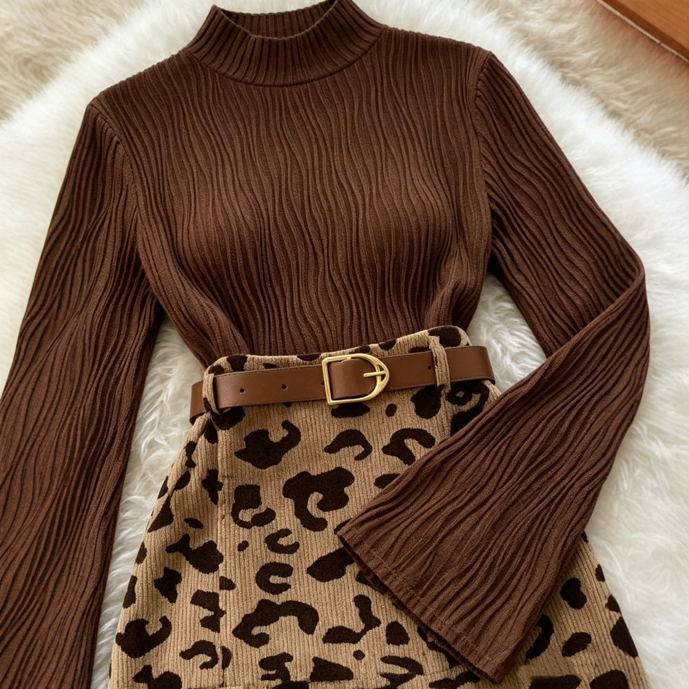 cross-border fashion women's elegant commute round neck flare long sleeve coffee leopard print midi skirt set