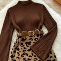 cross-border fashion women's elegant commute round neck flare long sleeve coffee leopard print midi skirt set