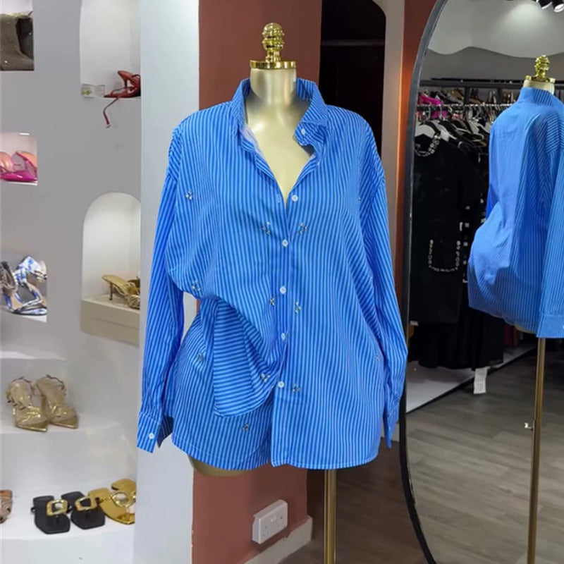European and american cross-border women's fashion  autumn new arrival casual rhinestone-embellished long-sleeve blue striped shirt and high-waisted shorts set