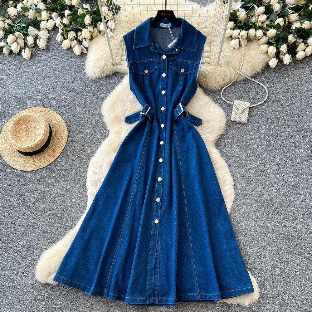 Korean style premium turn-down collar sleeveless single-breasted denim dress - women's summer slimming, figure-flattering, elegant maxi dress