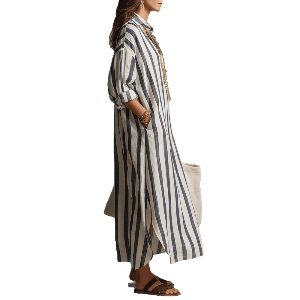 european and american independent station cross-border fashionloosev necklongstripessummer nine-quarter sleeve women's shirtdress
