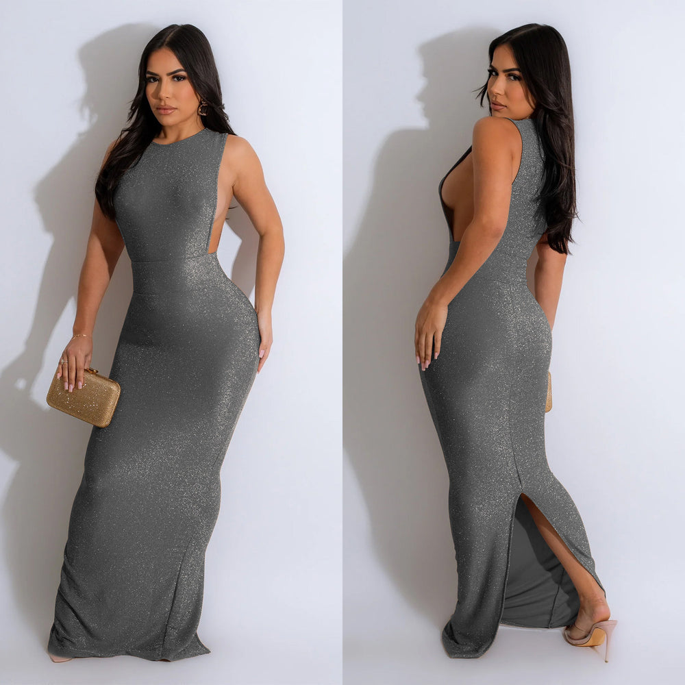 C6791 cross-border   fashion women's solid color round neck sleeveless slit maxi dress
