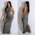 C6791 cross-border   fashion women's solid color round neck sleeveless slit maxi dress