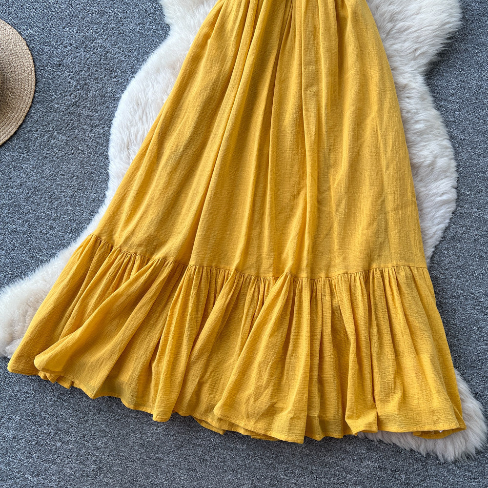 French yellow camisole sexy backless dress - women's summer korean style high waist ruffle trim slimming vacation maxi dress
