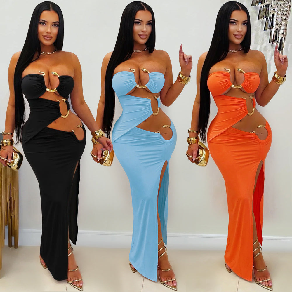 C7760 cross-border    new women's sexy tube top nightclub party hip cover dress