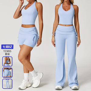 nude yoga suit i-shaped back folding high waist fitness suit women's sports running yoga suit 3055