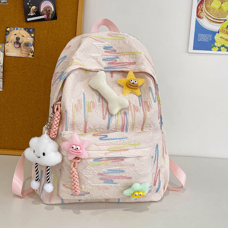 School bag backpack Korean version of girls' high-value school bag color striped casual backpack cute girl travel bag