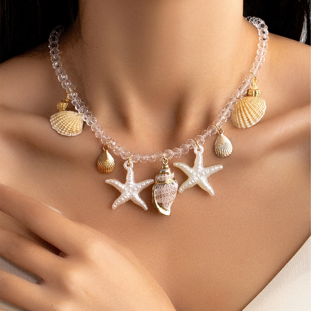 Wholesale seashell necklaces - european & american style cross-border jewelry - women's starfish beaded unique & high-end sweater necklace/collarbone chain