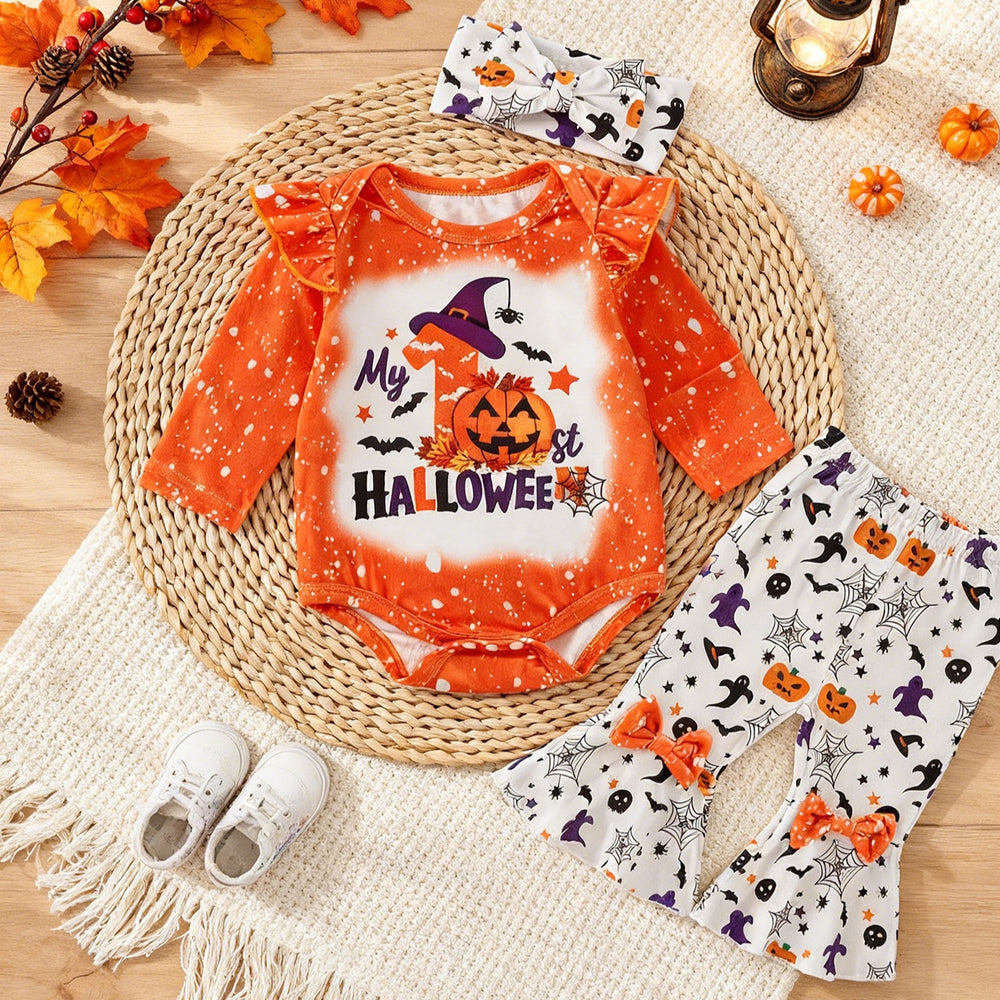 Baby girl halloween pumpkin letter print romper, flare pants, and headband three-piece set