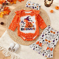 Baby girl halloween pumpkin letter print romper, flare pants, and headband three-piece set