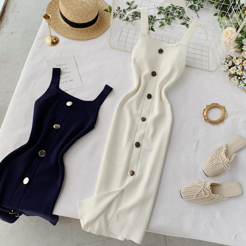 Knitted dress 2020 new summer style elegant square neck slim fit button-down sleeveless tank top slit midi dress
