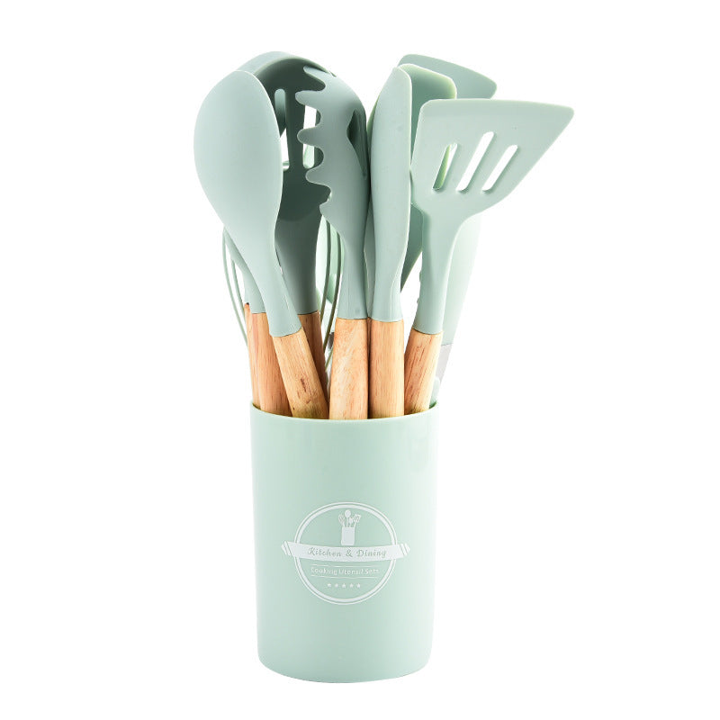 Cross-border twelve-piece set of colored wooden handle silicone kitchenware set to store food-grade high temperature resistant spatula spoons in stock