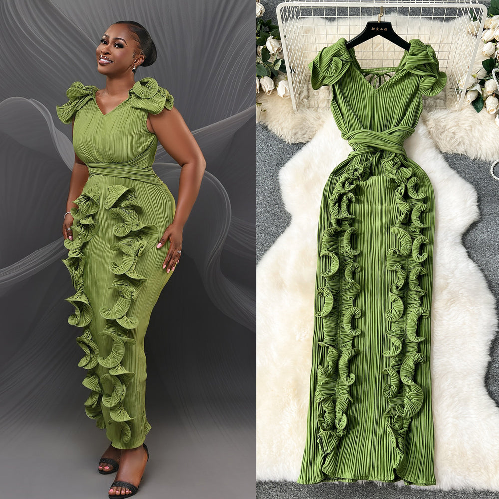 High-end banquet dress, premium affordable luxury, niche pleated three-dimensional ruffle trim, slim-fit long elegant dress for women