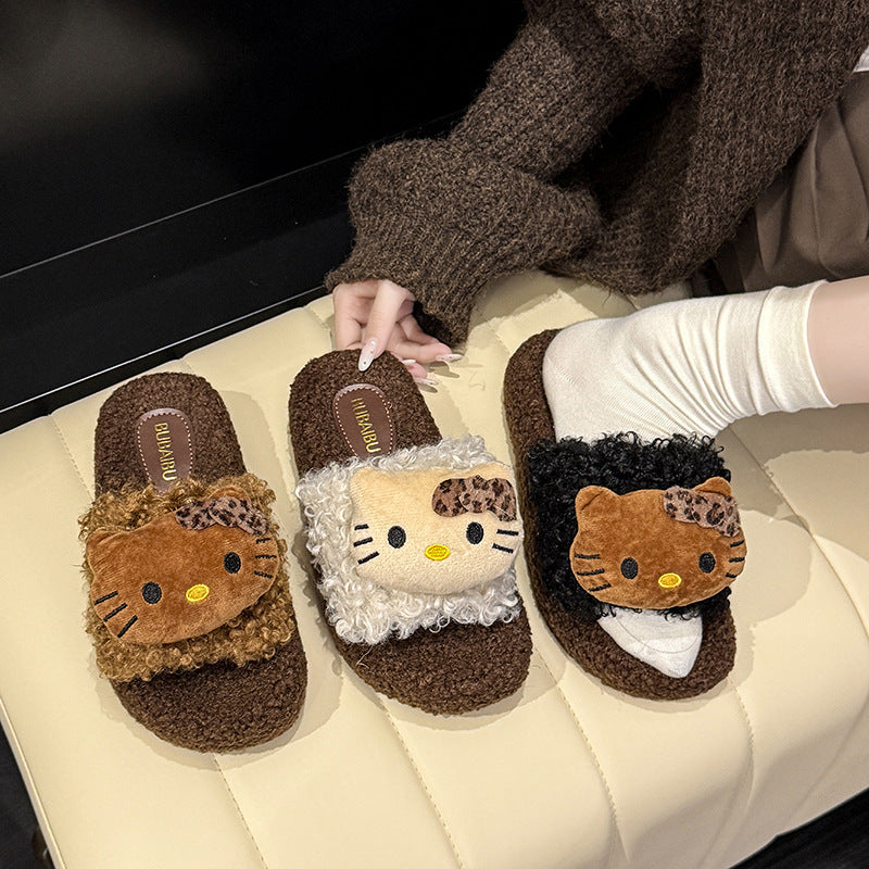 Autumn and winter cute leopard print cat cotton slippers for women, non-slip home slippers, trendy leopard print furry slippers for women, suitable for wearing outdoors